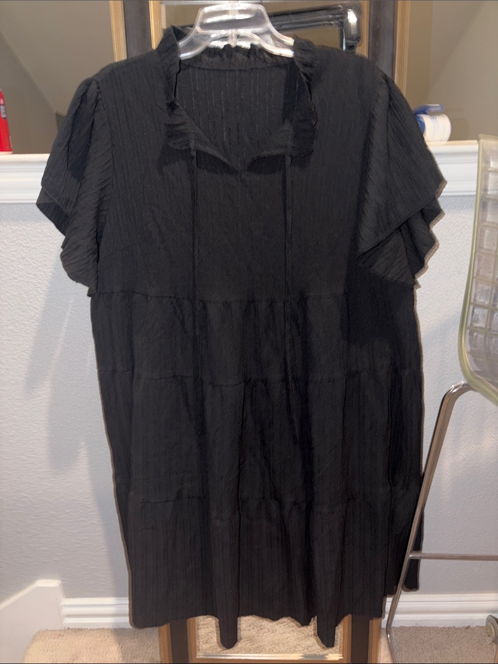 SHEIN Black Tiered Ruffle-Sleeve Tunic Dress